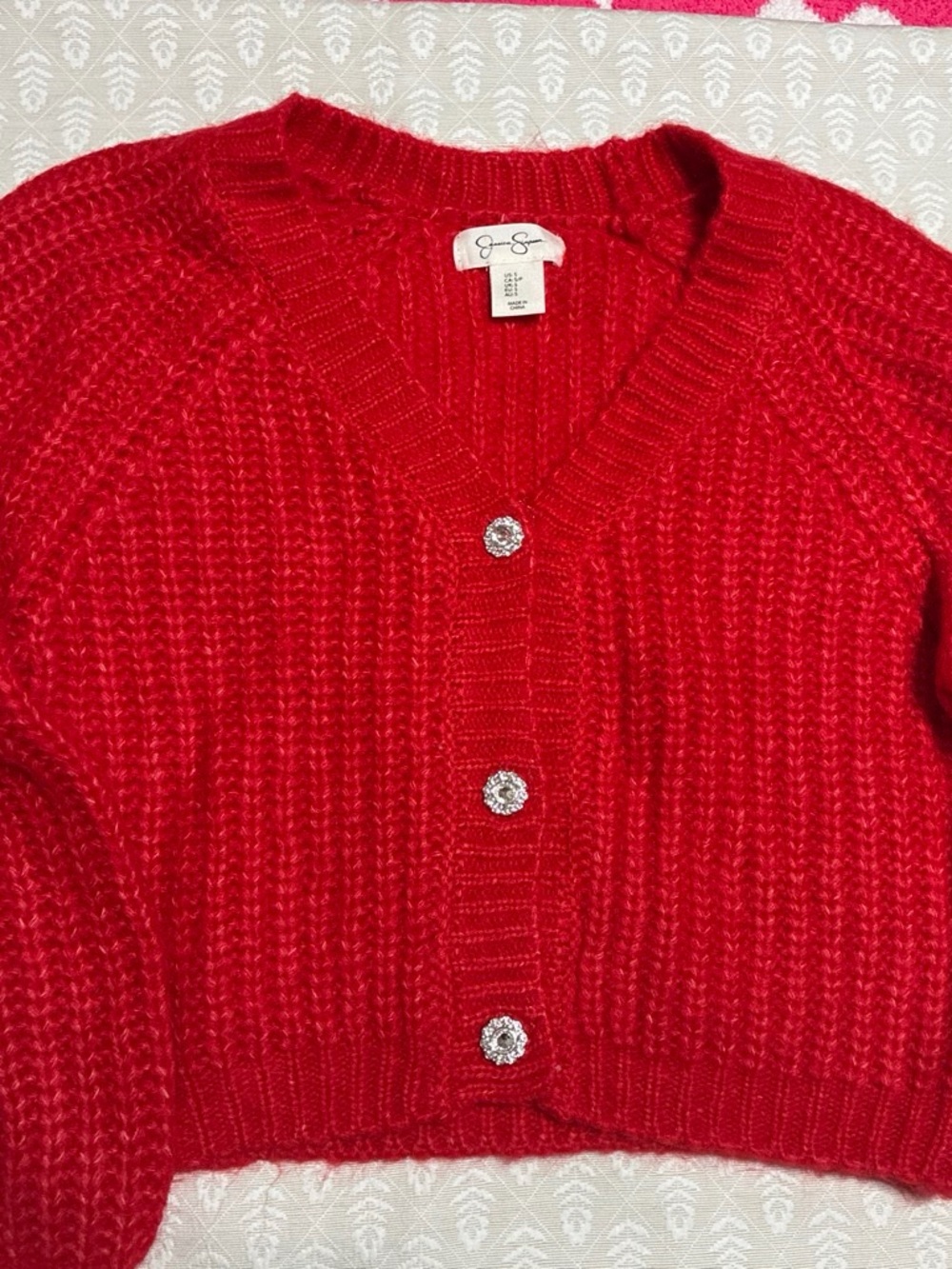 Jessica Simpson Bright Red Cropped Knit Cardigan with Crystal Buttons